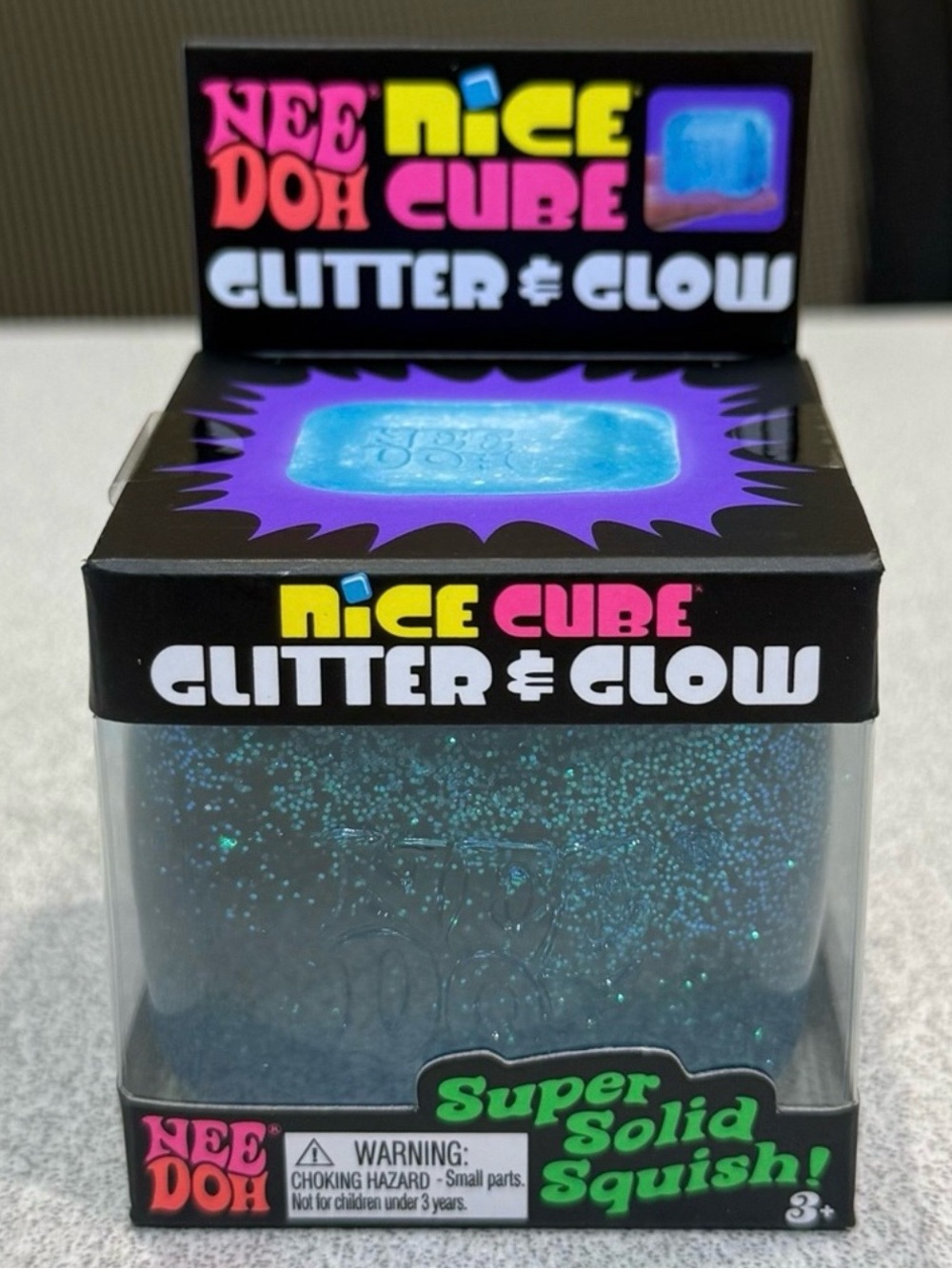NeeDoh BLUE Glitter & Glow Nice Cube Super Solid Squish Stress Reliever Squishy
